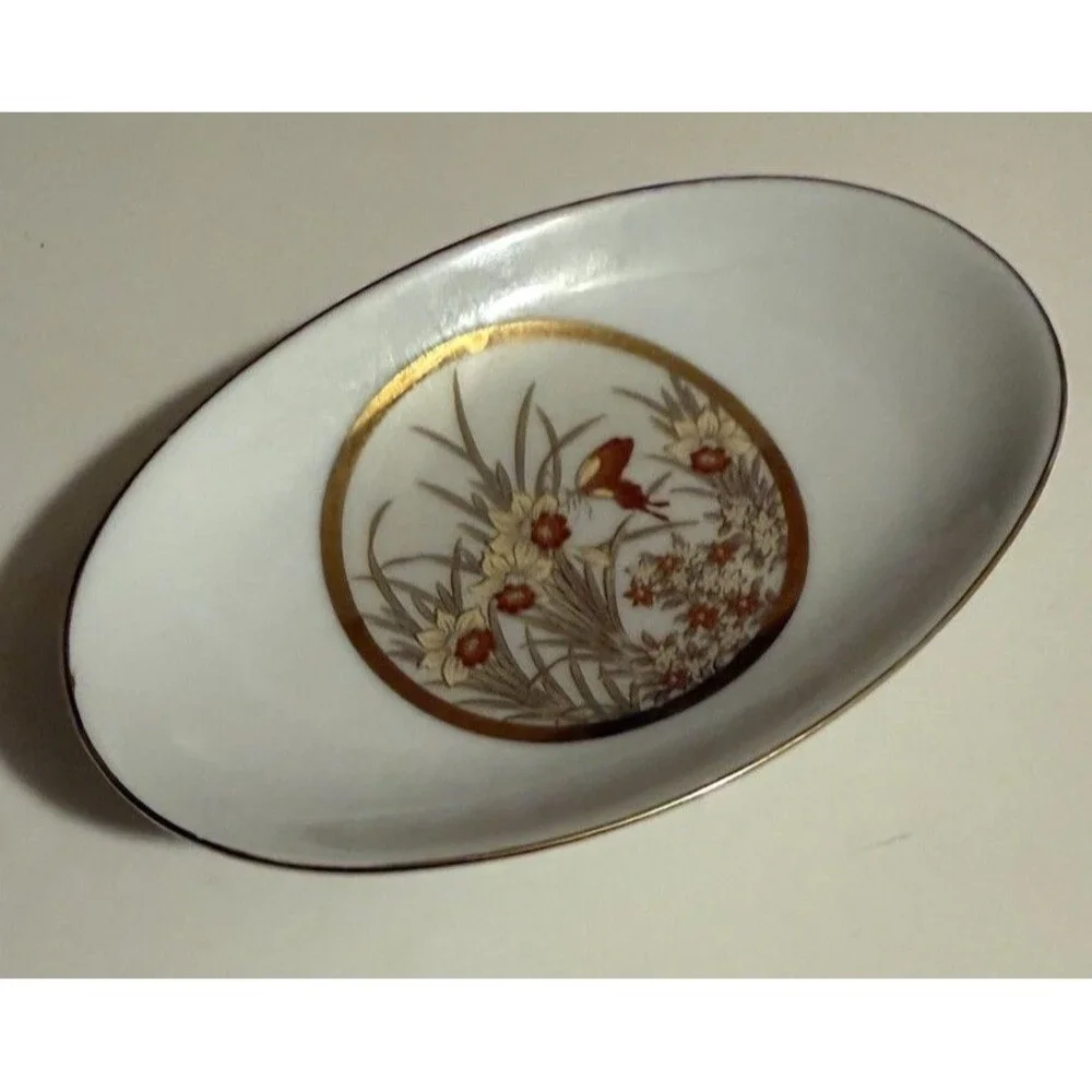 RARE Vintage Art of Chokin Pedestal Compote Dish Japan Gold Trim Floral Oval